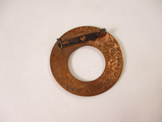 Vintage Round Copper Brooch Pin Enamel Green Circ… - image 5