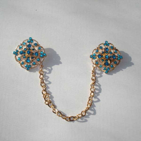 Vintage Style Sweater Guard - Blue Rhinestone and Warm Gold - Cardigan Chain -  Costume Jewelry