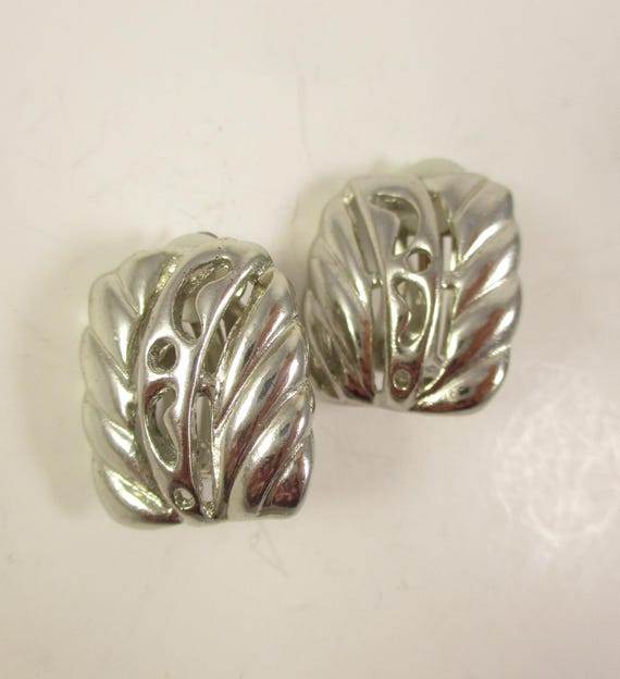 Silver Rectangle Earrings,  Leaf Pattern,   CLIP … - image 1