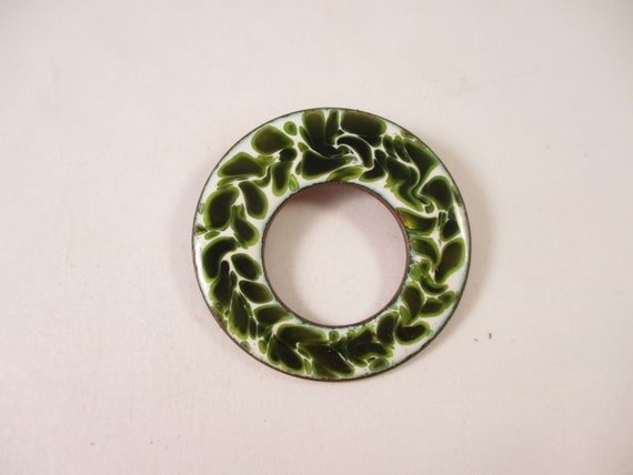 Vintage Round Copper Brooch Pin Enamel Green Circ… - image 1