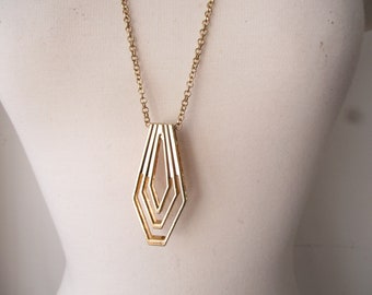 Large Gold Pendant Necklace, Art Deco Style Vintage Long Chain Jewelry - 1990s