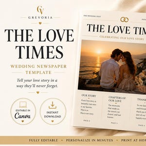 Op de afbeelding: Een trouwkrant-sjabloon getiteld The Love Times met een grote foto van een stel bij zonsondergang, met secties voor Our Story, Chapters of Our Love en Thank You, plus tekst die aangeeft dat het volledig bewerkbaar is in Canva.