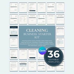 Könnte beinhalten: Eine Sammlung von 36 bearbeitbaren Vorlagen für Reinigungsunternehmen, darunter Rechnungen, Angebote, Checklisten und Aufnahmeformulare. Der zentrale Text lautet Cleaning Business Starter Kit, ein runder Button zeigt 36 Editable Templates.