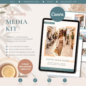 May include: A digital media kit template for influencers displayed on a tablet screen. The design features a photo of a person in a beige outfit walking down a street, with text fields for a name, professional titles, and a website URL.