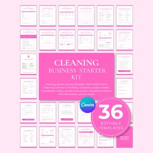 Könnte beinhalten: Eine Sammlung von 36 bearbeitbaren Vorlagen für Reinigungsunternehmen, bestehend aus weißen Dokumenten mit rosa Akzenten. Die zentrale rosa Grafik zeigt den Text CLEANING BUSINESS STARTER KIT und 36 EDITABLE TEMPLATES mit einem Canva-Logo.