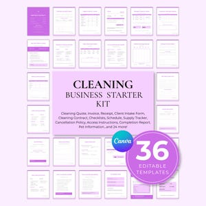 Può includere: Un kit di avvio per imprese di pulizia digitale con 36 modelli modificabili in una combinazione di colori viola e bianco. La collezione include moduli per preventivi, fatture, ricevute, contratti, liste di controllo e pianificazioni.