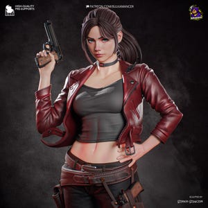 May include: A 3D-rendered figurine of a character with brown hair in a ponytail, wearing a dark red leather jacket over a gray tank top, a black choker, and dark pants with a brown belt and holster, holding a black handgun in the right hand.