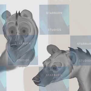 Op de afbeelding: Een digitale illustratie met twee grijze, beerachtige wezens met donkere snuiten en kleine rugstekels. De achtergrond bestaat uit een lichtgrijs en blauw geometrisch rasterpatroon met de tekst STARBURN STUDIOS herhaald over de afbeelding.