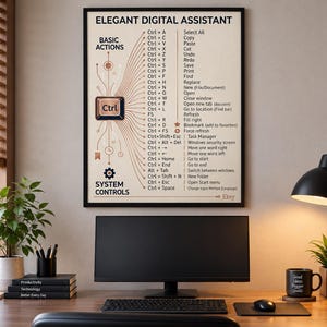 Op de afbeelding: Een ingelijste wandposter getiteld Elegant Digital Assistant met een centraal Ctrl-toetspictogram met lijnen die verbinding maken met een lijst met sneltoetsen en hun functies, inclusief Basic Actions en System Controls, gedrukt in zwart op een crèmekleurige achtergrond.