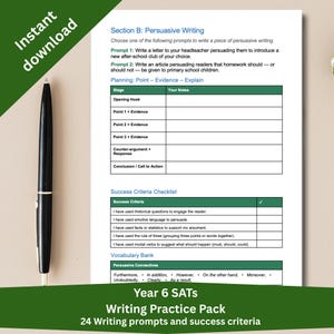 Puede incluir: Un bolígrafo negro junto a una hoja de trabajo impresa titulada Section B: Persuasive Writing. El documento incluye una tabla de planificación para argumentos, una lista de verificación de criterios de éxito y un banco de vocabulario.