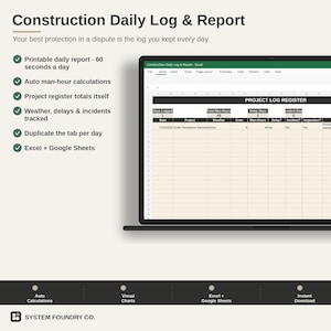 Puede incluir: Una hoja de cálculo digital Construction Daily Log & Report mostrada en la pantalla de una computadora portátil. La interfaz incluye columnas para fecha, proyecto, clima, horas hombre, retrasos, incidentes e inspecciones.