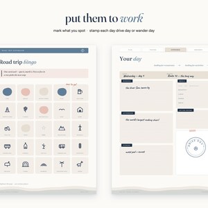 May include: Two printable planner pages featuring a road trip bingo game with icons and a daily log template. The bingo sheet includes a grid of symbols and text, while the daily log has sections for morning, afternoon, and evening notes.