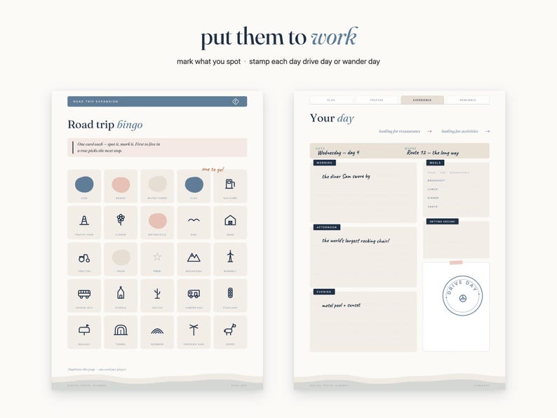 May include: Two printable planner pages featuring a road trip bingo game with icons and a daily log template. The bingo sheet includes a grid of symbols and text, while the daily log has sections for morning, afternoon, and evening notes.