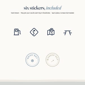 May include: Six digital stickers featuring hand-drawn icons including a gas pump, winding road sign, map pin, picnic table, and two circular stamps labeled DRIVE DAY and WANDER DAY. The text reads: six stickers, included, hand-drawn, they join your Lisa & Loam tray in Goodnotes, tap to place, no lasso tool needed.