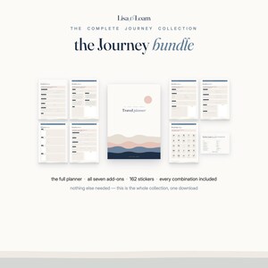 May include: The Journey bundle by Lisa & Loam includes a travel planner with a cover featuring abstract waves in pink, blue, and navy, alongside seven add-on pages, 162 stickers, and text stating the full planner and every combination are included.