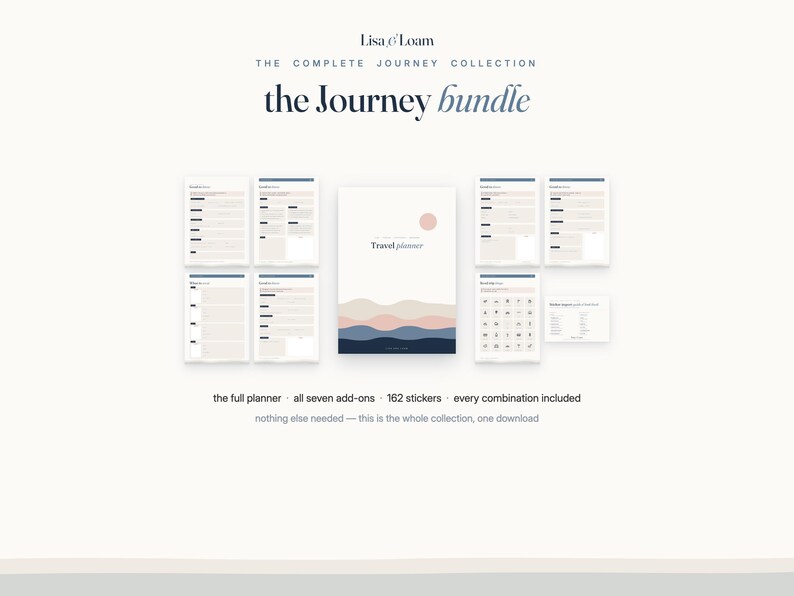 May include: The Journey bundle by Lisa & Loam includes a travel planner with a cover featuring abstract waves in pink, blue, and navy, alongside seven add-on pages, 162 stickers, and text stating the full planner and every combination are included.