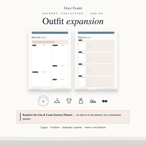 May include: A digital outfit expansion add-on for the Lisa & Loam Journey Planner featuring two pages titled Mix and Match and What to wear. Includes icons for travel, clothing, and accessories, with text noting it is not a standalone planner.
