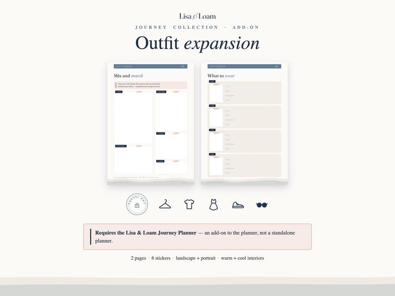 May include: A digital outfit expansion add-on for the Lisa & Loam Journey Planner featuring two pages titled Mix and Match and What to wear. Includes icons for travel, clothing, and accessories, with text noting it is not a standalone planner.