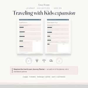 May include: Two digital planner pages titled Traveling with Kids expansion from the Lisa & Loam Journey Collection. The pages feature checklists for travel preparation, five small icons, and a note stating it requires the Journey Planner.