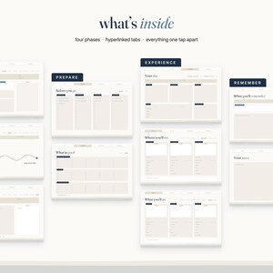 May include: A digital travel planner template featuring a light beige color scheme with dark blue tab headers labeled Plan, Prepare, Experience, and Remember. The layout includes sections for travel itineraries, packing lists, and daily logs with text.