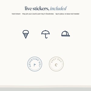May include: Five digital stickers featuring hand-drawn line art icons including an ice cream cone, an umbrella, a baseball cap, and two circular badges with the text ADVENTURE DAY and a flag icon, and EASY DAY with a crescent moon icon.