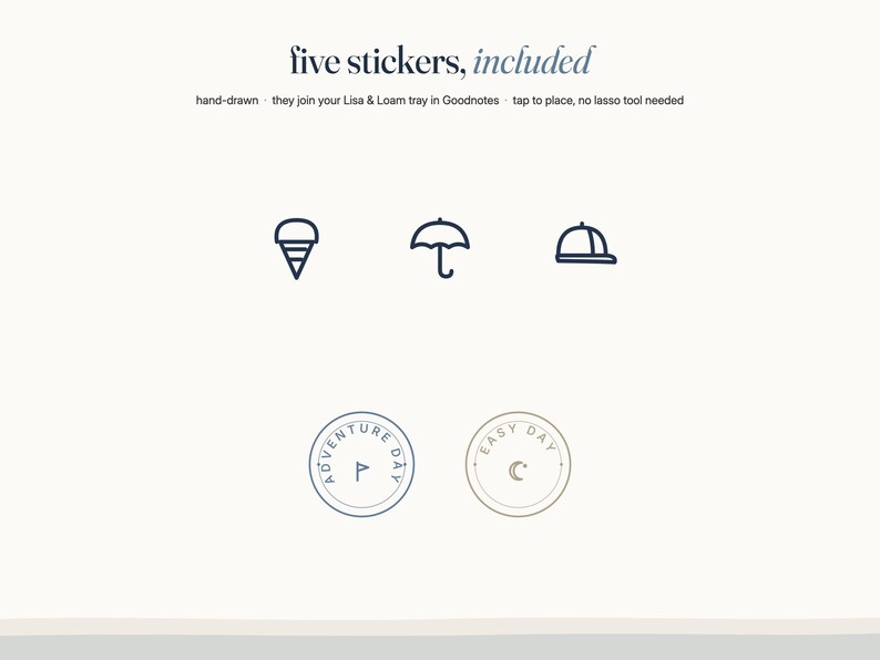 May include: Five digital stickers featuring hand-drawn line art icons including an ice cream cone, an umbrella, a baseball cap, and two circular badges with the text ADVENTURE DAY and a flag icon, and EASY DAY with a crescent moon icon.