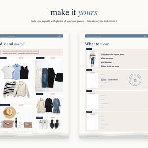 May include: A digital planner template titled make it yours featuring two pages for outfit planning. The layout includes sections for mix and match clothing items, accessories, and a what to wear list with space for photos and written outfit details.
