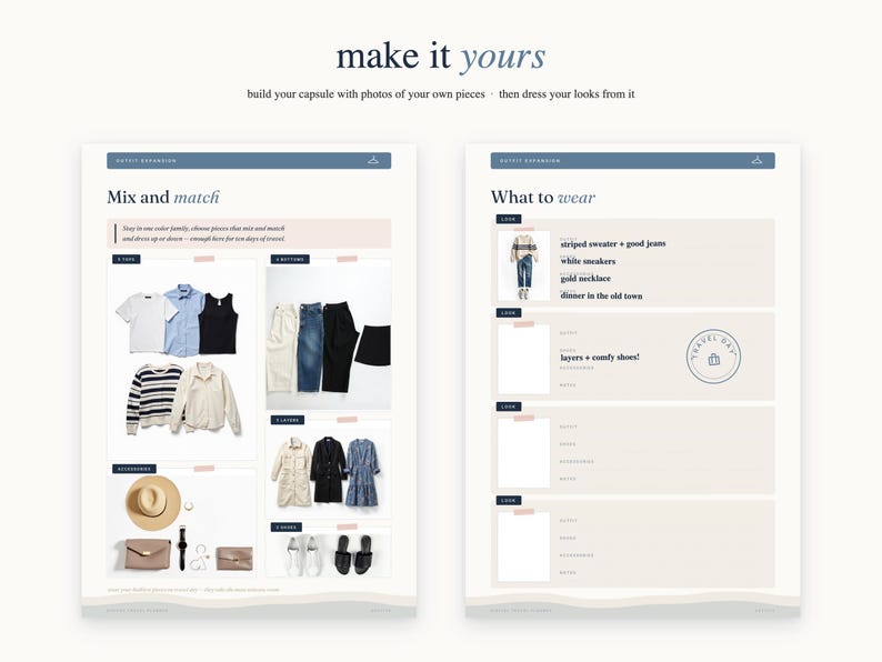May include: A digital planner template titled make it yours featuring two pages for outfit planning. The layout includes sections for mix and match clothing items, accessories, and a what to wear list with space for photos and written outfit details.