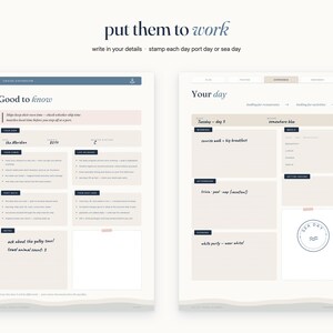 May include: Two pages of a cruise planner with a cream background and navy blue text. The left page is titled Good to know and includes sections for ship details, crew, and notes. The right page is titled Your day with daily schedule fields.
