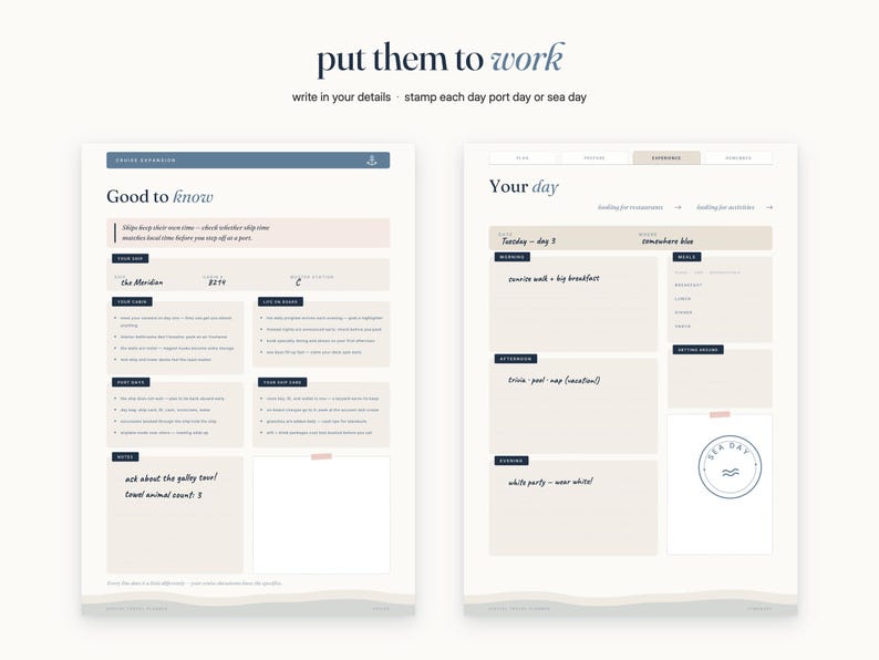 May include: Two pages of a cruise planner with a cream background and navy blue text. The left page is titled Good to know and includes sections for ship details, crew, and notes. The right page is titled Your day with daily schedule fields.