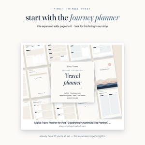 May include: A digital travel planner for iPad with Goodnotes compatibility, featuring a central white card labeled Lisa/Loam Journey Collection Travel Planner, surrounded by various page layouts in soft neutral tones and minimalist typography.