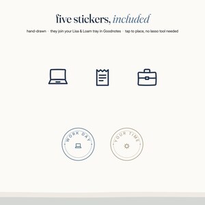 May include: Five digital stickers featuring hand-drawn icons including a laptop, document, briefcase, and two circular badges with the text WORK DAY and YOUR TIME. The text reads five stickers, included, hand-drawn, they join your Lisa & Loam tray in Goodnotes, tap to place, no lasso tool needed.