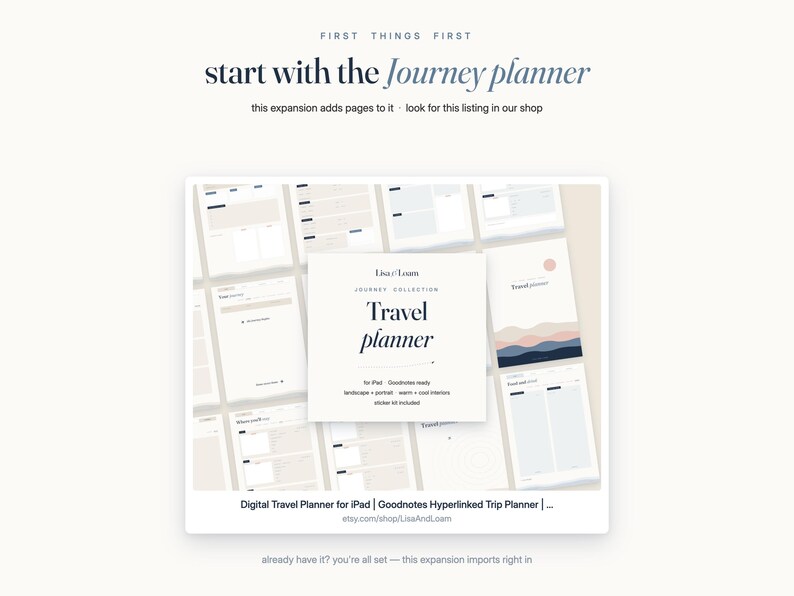 May include: A digital travel planner for iPad with Goodnotes compatibility, featuring a central white card labeled Lisa/Loam Journey Collection Travel Planner, surrounded by various page layouts in soft neutral tones and minimalist typography.