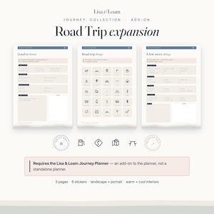 May include: A digital planner expansion pack titled Lisa & Loam Journey Collection Road Trip expansion. It includes three pages with checklists, a grid of travel icons, and a note stating it requires the Lisa & Loam Journey Planner to function.