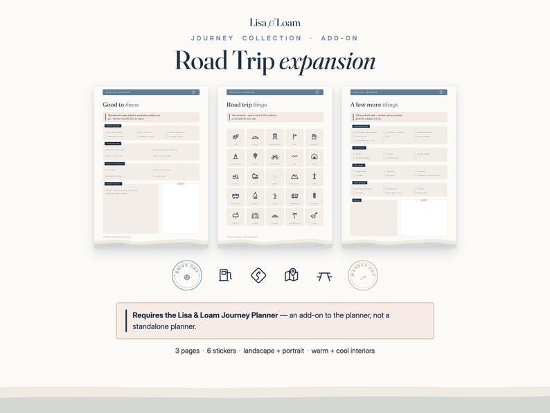 May include: A digital planner expansion pack titled Lisa & Loam Journey Collection Road Trip expansion. It includes three pages with checklists, a grid of travel icons, and a note stating it requires the Lisa & Loam Journey Planner to function.