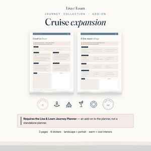 May include: A digital planner expansion pack titled Lisa & Loam Journey Collection Cruise expansion. It includes two pages with sections labeled Good to know and A few more things, six circular icons featuring nautical themes, and text notes.