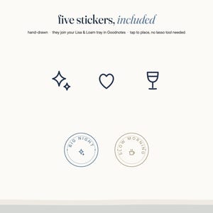 May include: A set of five digital stickers featuring hand-drawn line art icons including a sparkle, a heart, a wine glass, and two circular badges with the text BIG NIGHT and SLOW MORNING. The text five stickers, included is displayed above.