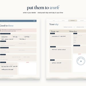 May include: Two digital planner pages titled "Good to know" and "Your day" with blue and beige accents. The pages feature sections for travel expenses, daily schedules, and notes, with handwritten text and a circular "WORK DAY" stamp icon.
