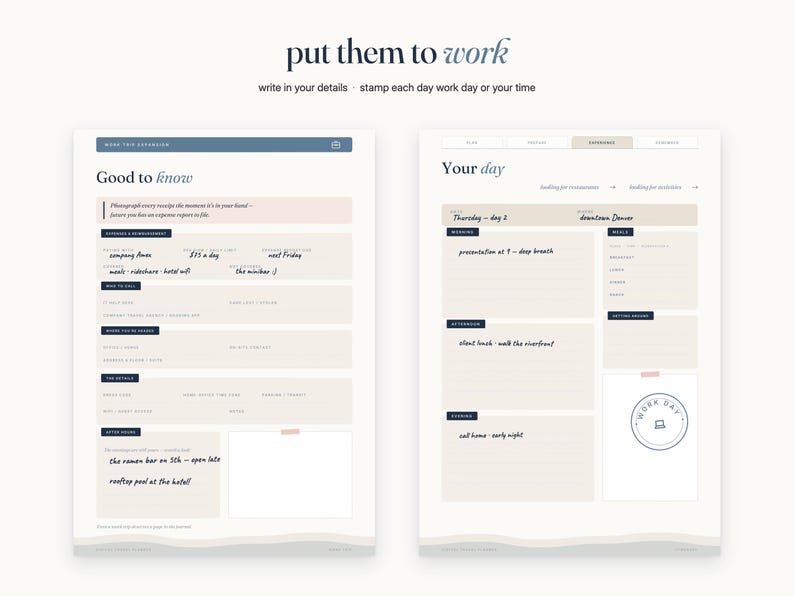 May include: Two digital planner pages titled "Good to know" and "Your day" with blue and beige accents. The pages feature sections for travel expenses, daily schedules, and notes, with handwritten text and a circular "WORK DAY" stamp icon.