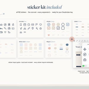 May include: A digital sticker kit containing 162 icons, labels, and shapes for Goodnotes. The set includes travel icons, everyday symbols, checkmarks, frames, sticky notes, and patterns, displayed in a grid with a preview of the tray interface.