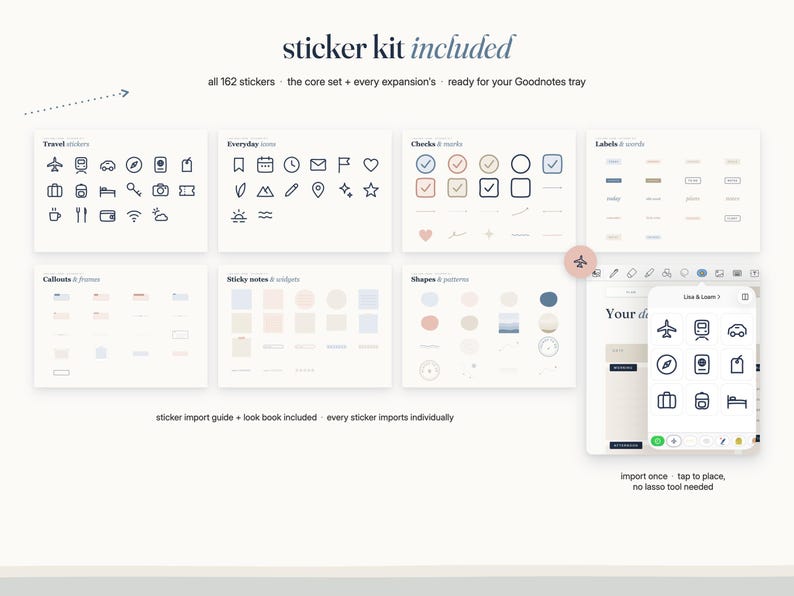 May include: A digital sticker kit containing 162 icons, labels, and shapes for Goodnotes. The set includes travel icons, everyday symbols, checkmarks, frames, sticky notes, and patterns, displayed in a grid with a preview of the tray interface.