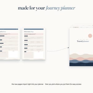 May include: A digital travel planner set featuring pages titled Good to know and A few more things, alongside a cover page with a pink sun and wavy blue and pink lines. The text reads made for your journey planner and the new pages import right into your planner then you pick where you put them for easy access.