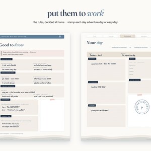 May include: Two printable planner pages titled "put them to work" and "Good to know" and "Your day". The pages feature sections for travel planning, daily schedules, and notes with a soft color palette of beige, white, and dark blue text.