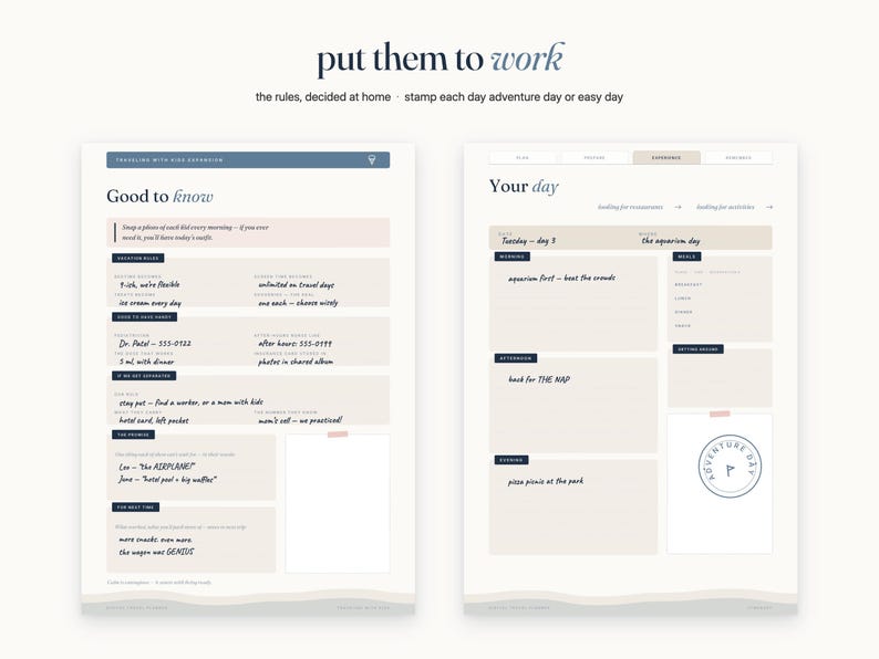 May include: Two printable planner pages titled "put them to work" and "Good to know" and "Your day". The pages feature sections for travel planning, daily schedules, and notes with a soft color palette of beige, white, and dark blue text.