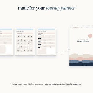 May include: A digital travel planner set featuring a cover page with abstract wave graphics in pink, blue, and navy, alongside three internal pages titled Good to know, Road trip things, and A few more things, with the text made for your journey planner.