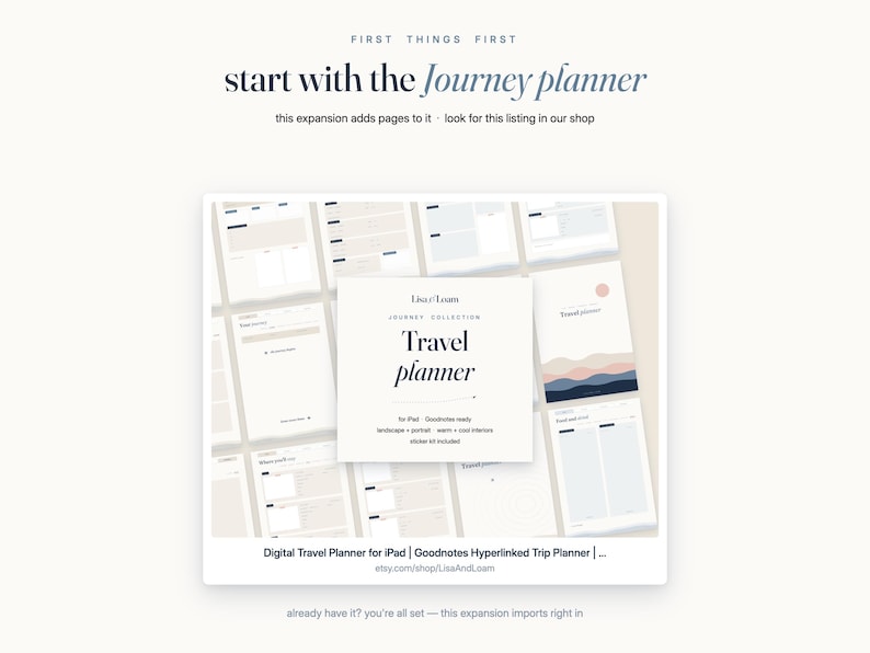 May include: A digital travel planner for iPad with Goodnotes compatibility, featuring a central white card labeled Lisa/Loam Journey Collection Travel Planner, surrounded by various page layouts in soft neutral tones and minimalist typography.