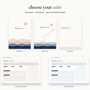May include: Three travel planner covers titled Travel planner with horizon, journey, and contour designs in muted tones of pink, blue, and cream. Two interior page layouts titled Travel overview are shown in warm and cool color palettes.