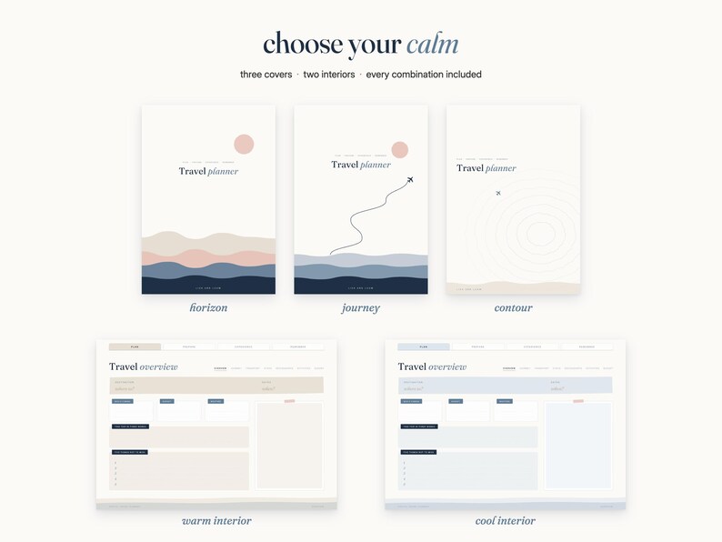 May include: Three travel planner covers titled Travel planner with horizon, journey, and contour designs in muted tones of pink, blue, and cream. Two interior page layouts titled Travel overview are shown in warm and cool color palettes.
