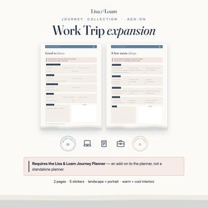 May include: A digital planner add-on titled Lisa & Loam Journey Collection Work Trip expansion. It features two pages with sections labeled Good to Know and A few more things, five icons, and a note stating it requires the Journey Planner.