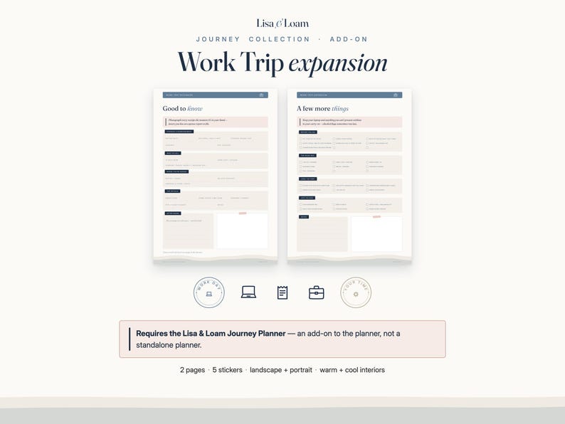 May include: A digital planner add-on titled Lisa & Loam Journey Collection Work Trip expansion. It features two pages with sections labeled Good to Know and A few more things, five icons, and a note stating it requires the Journey Planner.